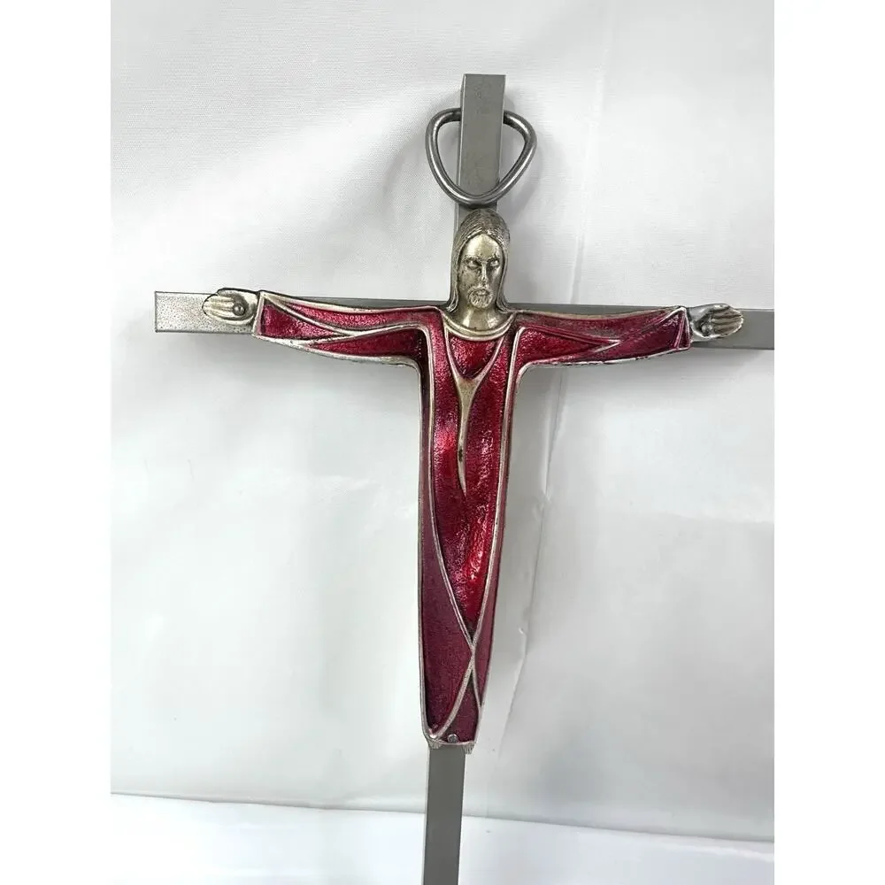 Cross Crucifix Jesus Christ Religious Christian Catholic Red Enamel Silver